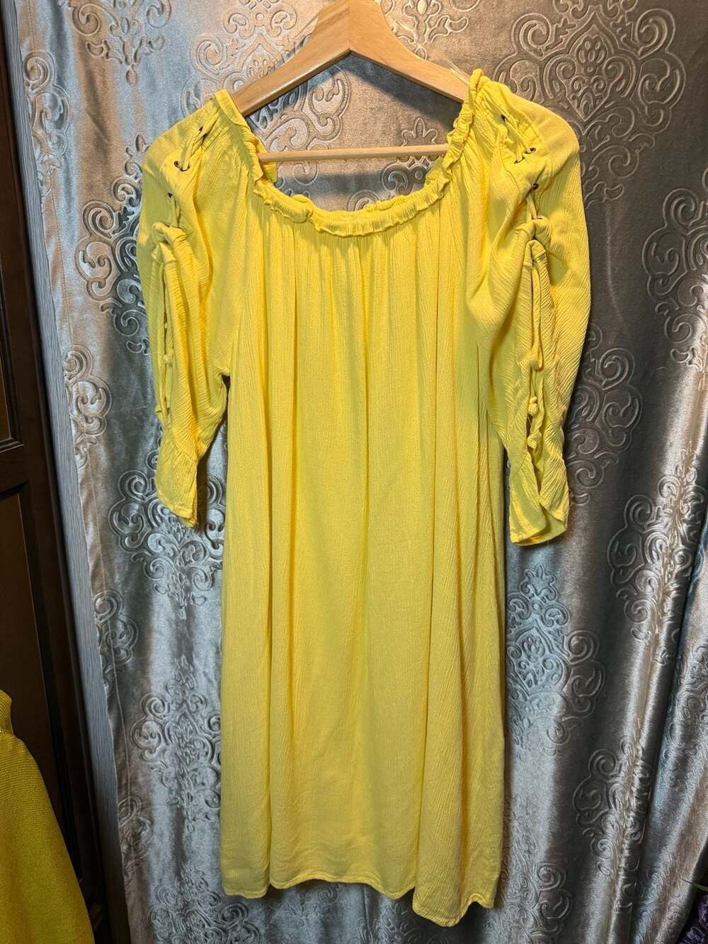 Yellow Off-The-Shoulder Ruffle Sleeve Dress Size M